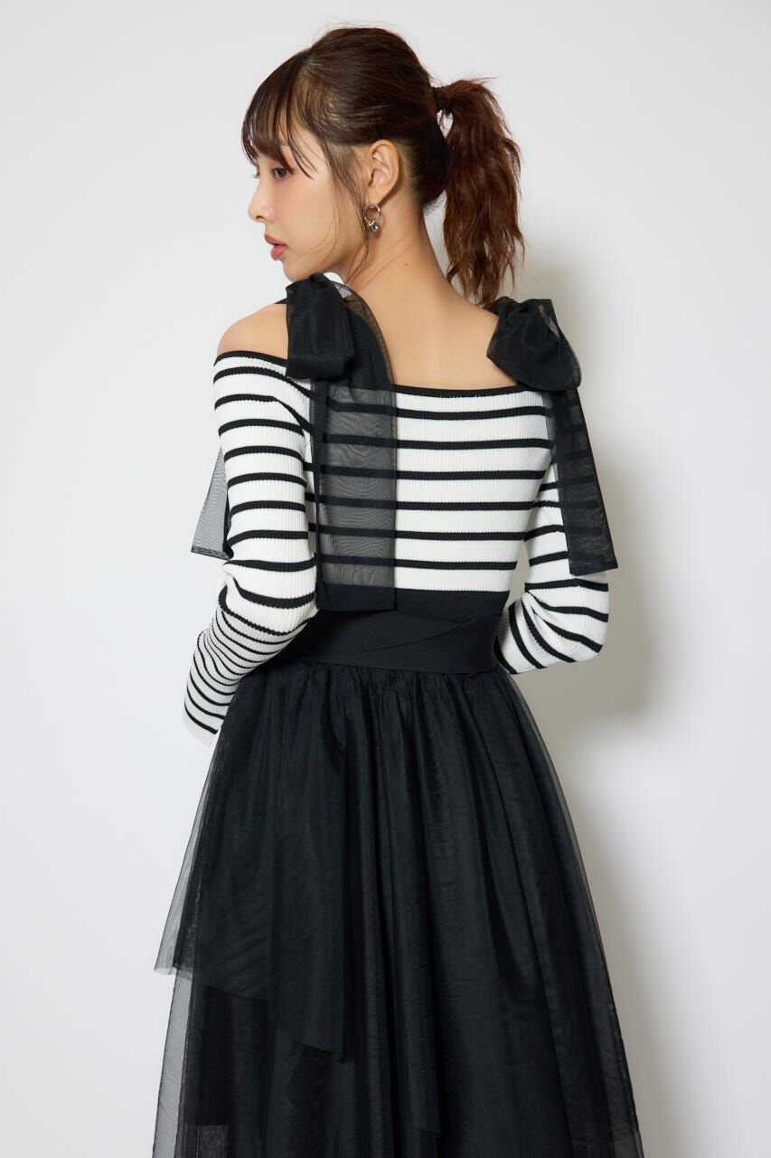 rienda「ショルダーリボンチュールニットワンピース」|ワンピース|