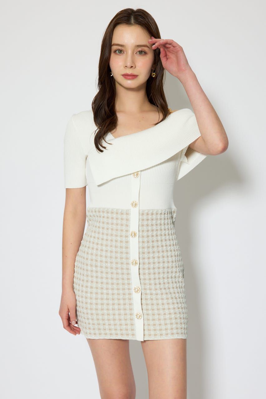 rienda「アシンメトリーツイードミニニットワンピース」|ワンピース|