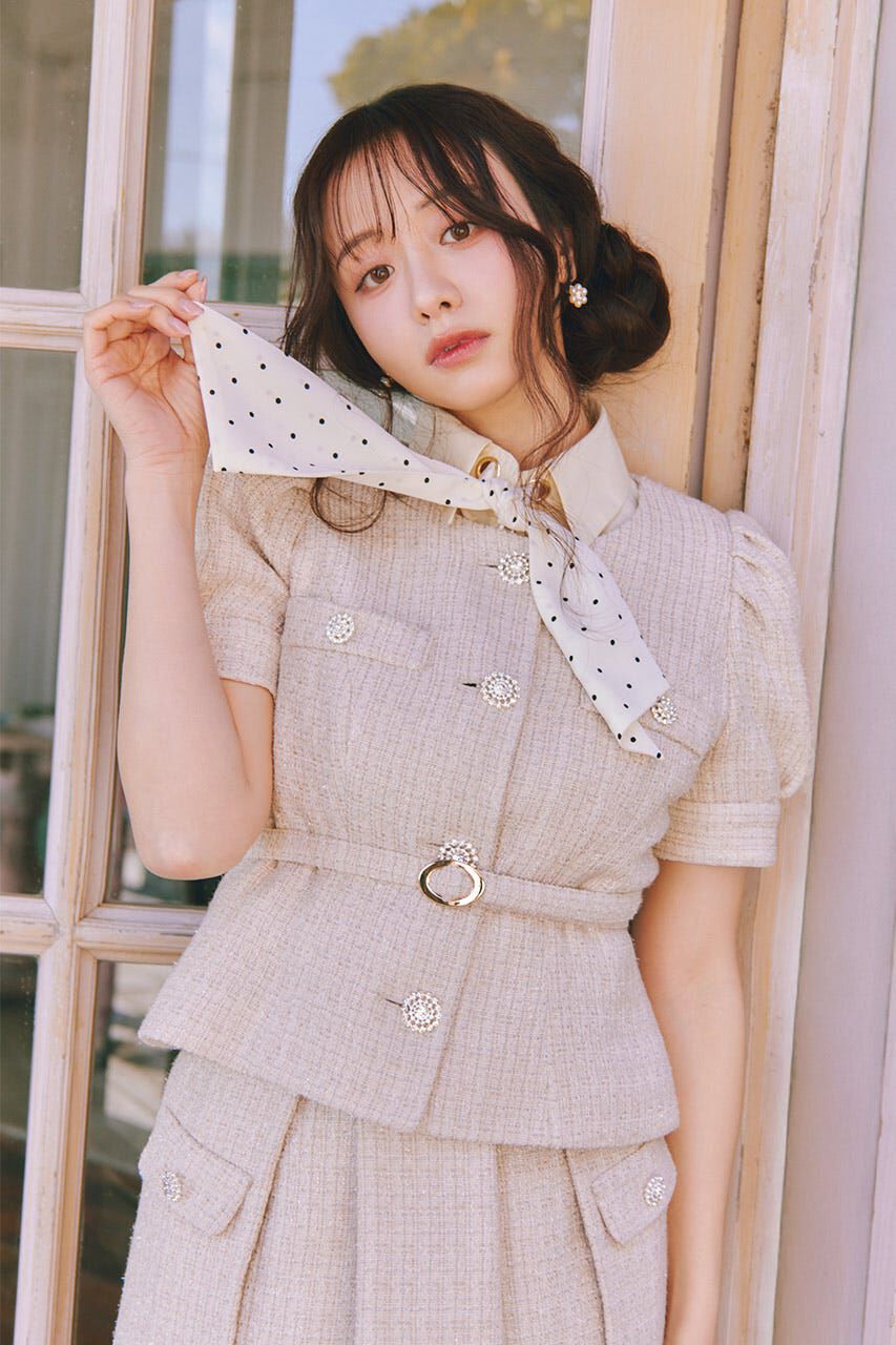 rienda「ノーカラーツイードペプラムジャケット」|その他|BEG