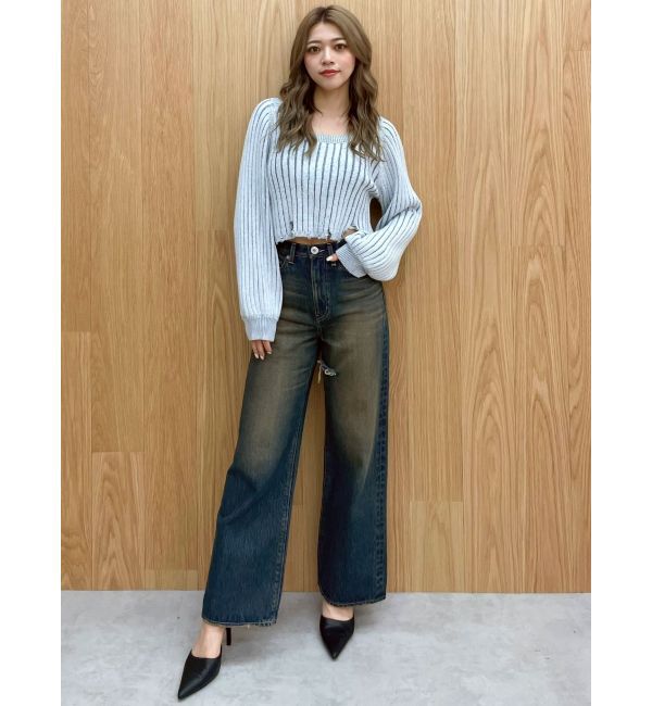 GYDA「ハイウエストSymmetryGYDA INNER RIPPEDワイドデニムパンツ」|デニム|