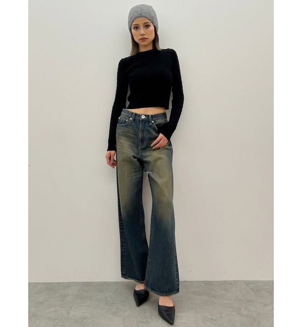 GYDA「ハイウエストSymmetryGYDA INNER RIPPEDワイドデニムパンツ」|デニム|