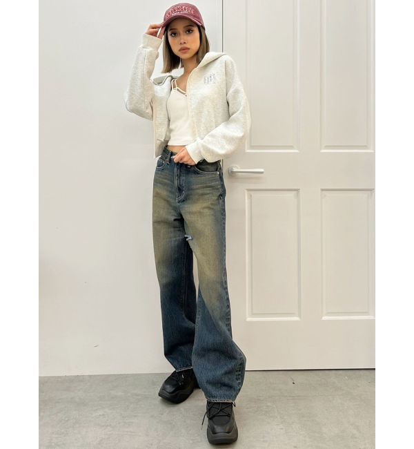 GYDA「ハイウエストSymmetryGYDA INNER RIPPEDワイドデニムパンツ」|デニム|