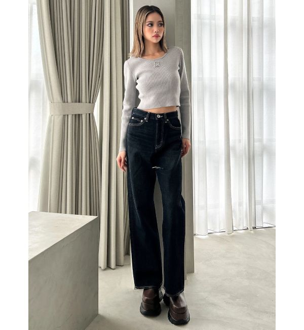 GYDA「ハイウエストSymmetryGYDA INNER RIPPEDワイドデニムパンツ」|デニム|