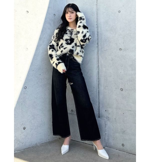 GYDA「ハイウエストSymmetryGYDA INNER RIPPEDワイドデニムパンツ」|デニム|