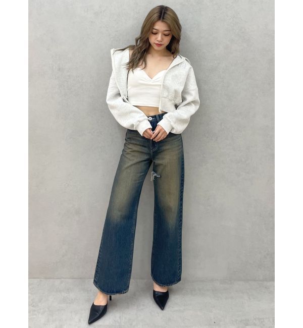 GYDA「ハイウエストSymmetryGYDA INNER RIPPEDワイドデニムパンツ」|デニム|