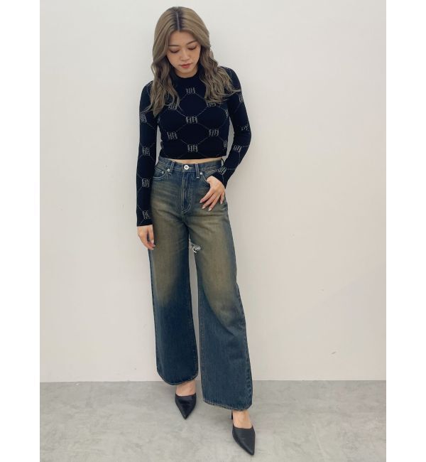 GYDA「ハイウエストSymmetryGYDA INNER RIPPEDワイドデニムパンツ」|デニム|