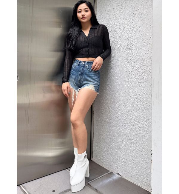 GYDA「ハイウエストJUBEYO bijouデニムショートパンツ」|デニム|