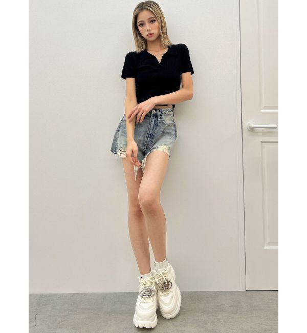 GYDA「ハイウエストJUBEYO bijouデニムショートパンツ」|デニム|