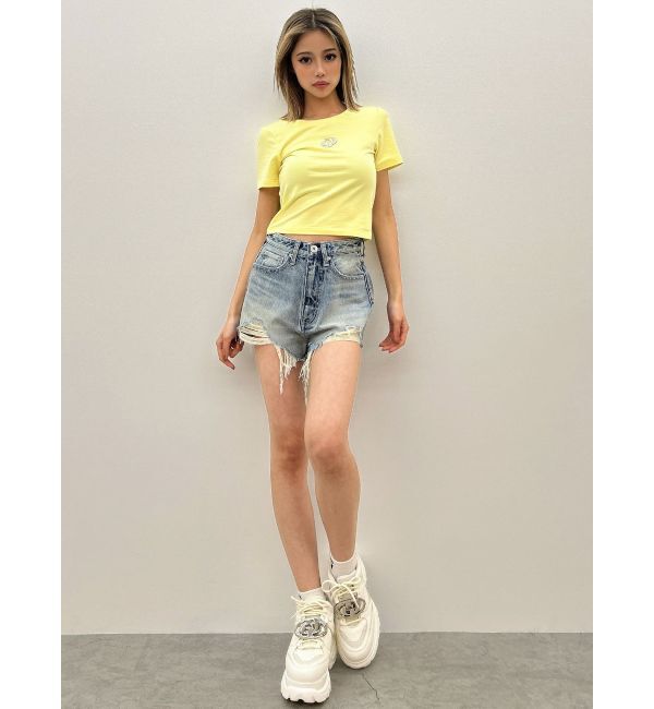 GYDA「ハイウエストJUBEYO bijouデニムショートパンツ」|デニム|