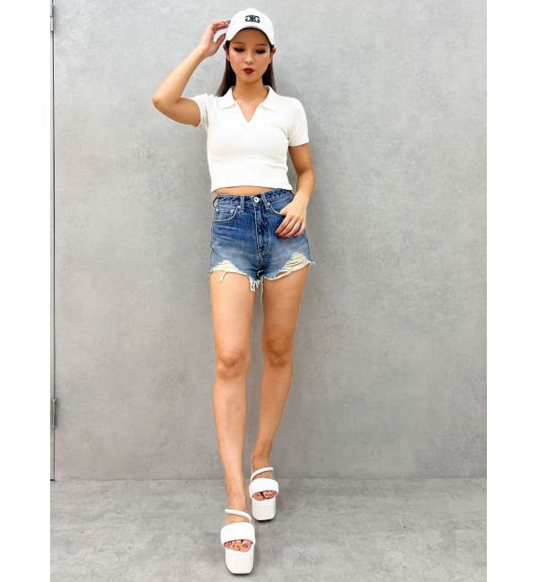 GYDA「ハイウエストJUBEYO bijouデニムショートパンツ」|デニム|