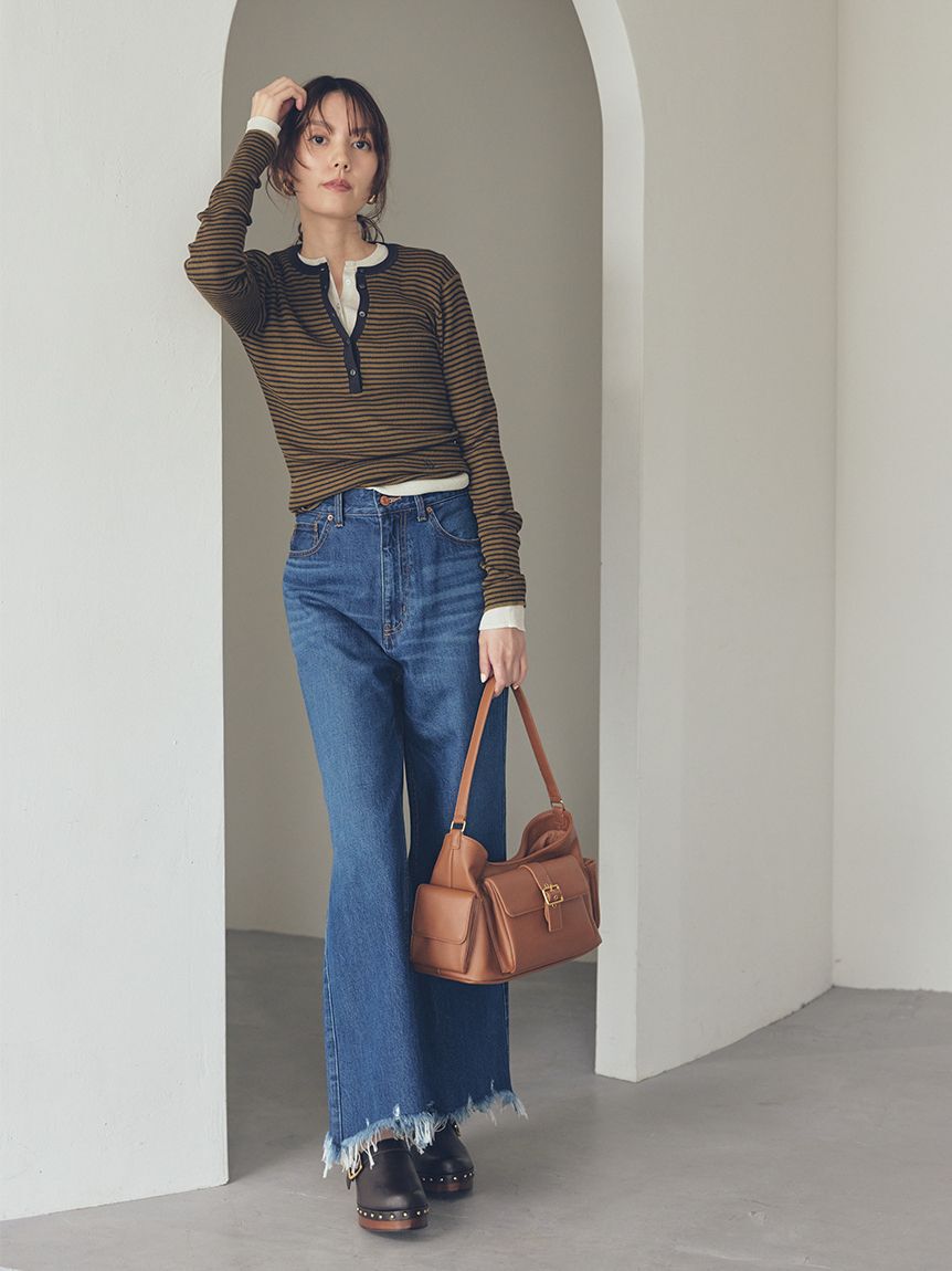 Mila Owen「裾フリンジクロップドフレアデニムパンツ」|デニム|