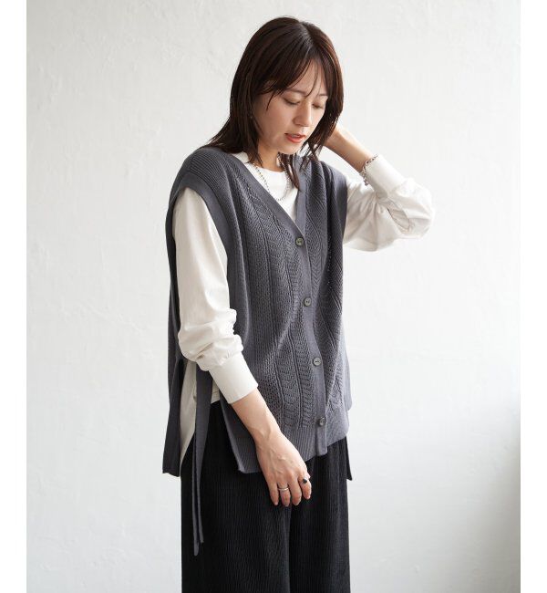 ikka「綿混サイドリボンニットベスト」|ニット・セーター|チャコール