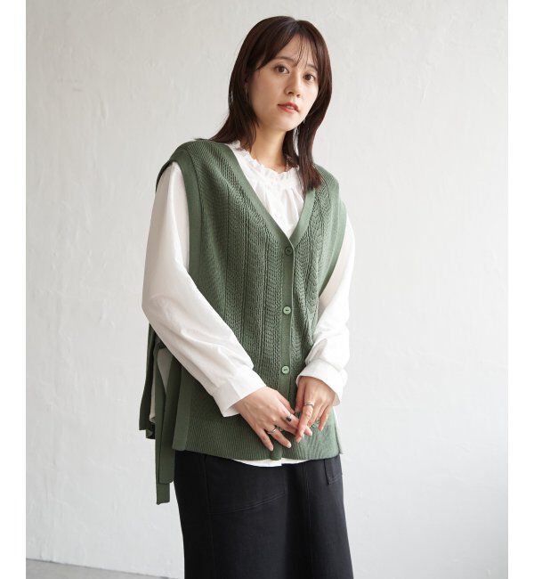 ikka「綿混サイドリボンニットベスト」|ニット・セーター|グリーン