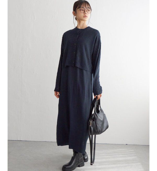 Lbc with Life「【2点セット】透かし編みカーデセットニットワンピ」|ワンピース|ネイビー