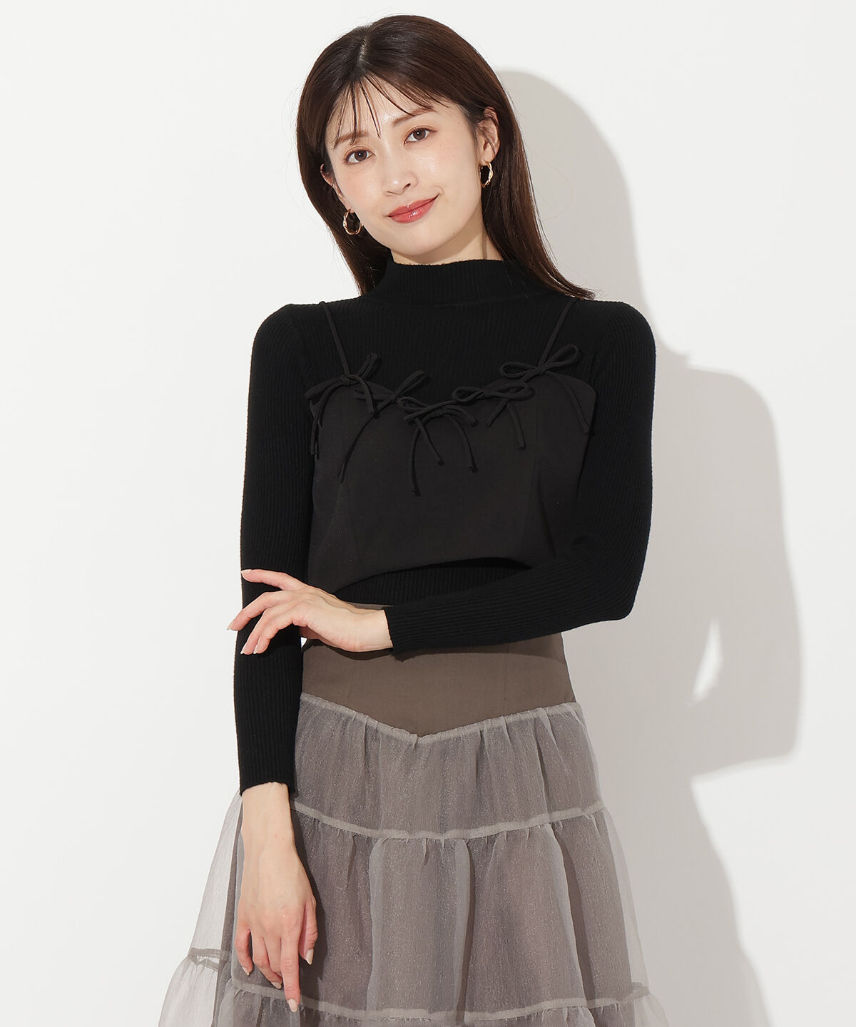 アンドクチュール「リボンビスチェ＋リブニットプルオーバー」|ニット・セーター|ブラック