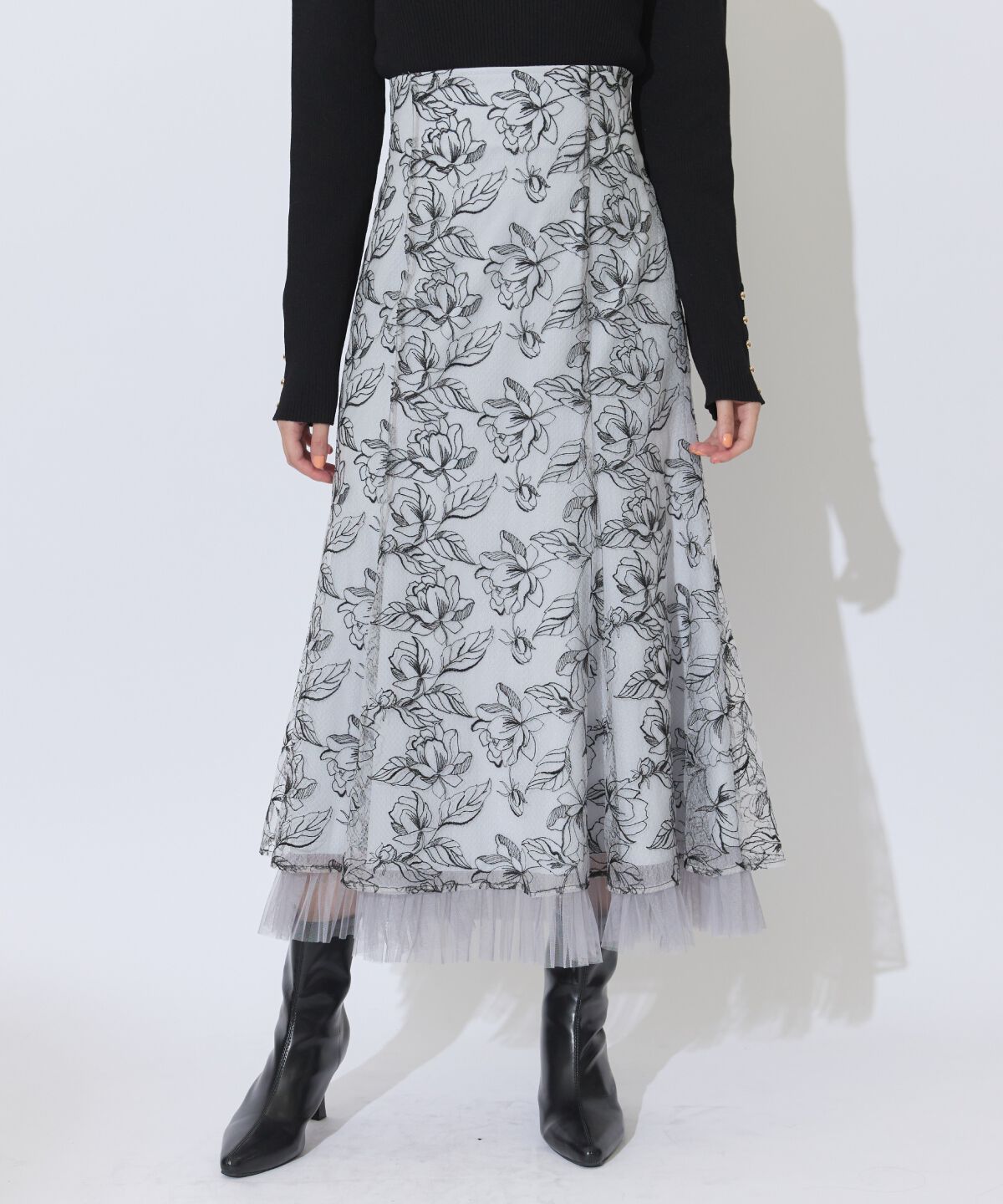 アンドクチュール「チュールヘムフローラルスカート」|フレア|