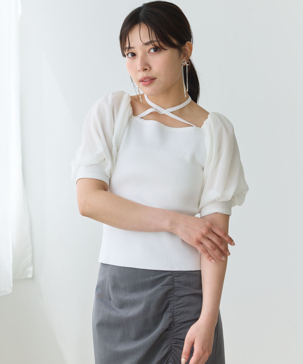 アンドクチュール「シアースリーブクロスネックプルオーバー」|Tシャツ・カットソー|