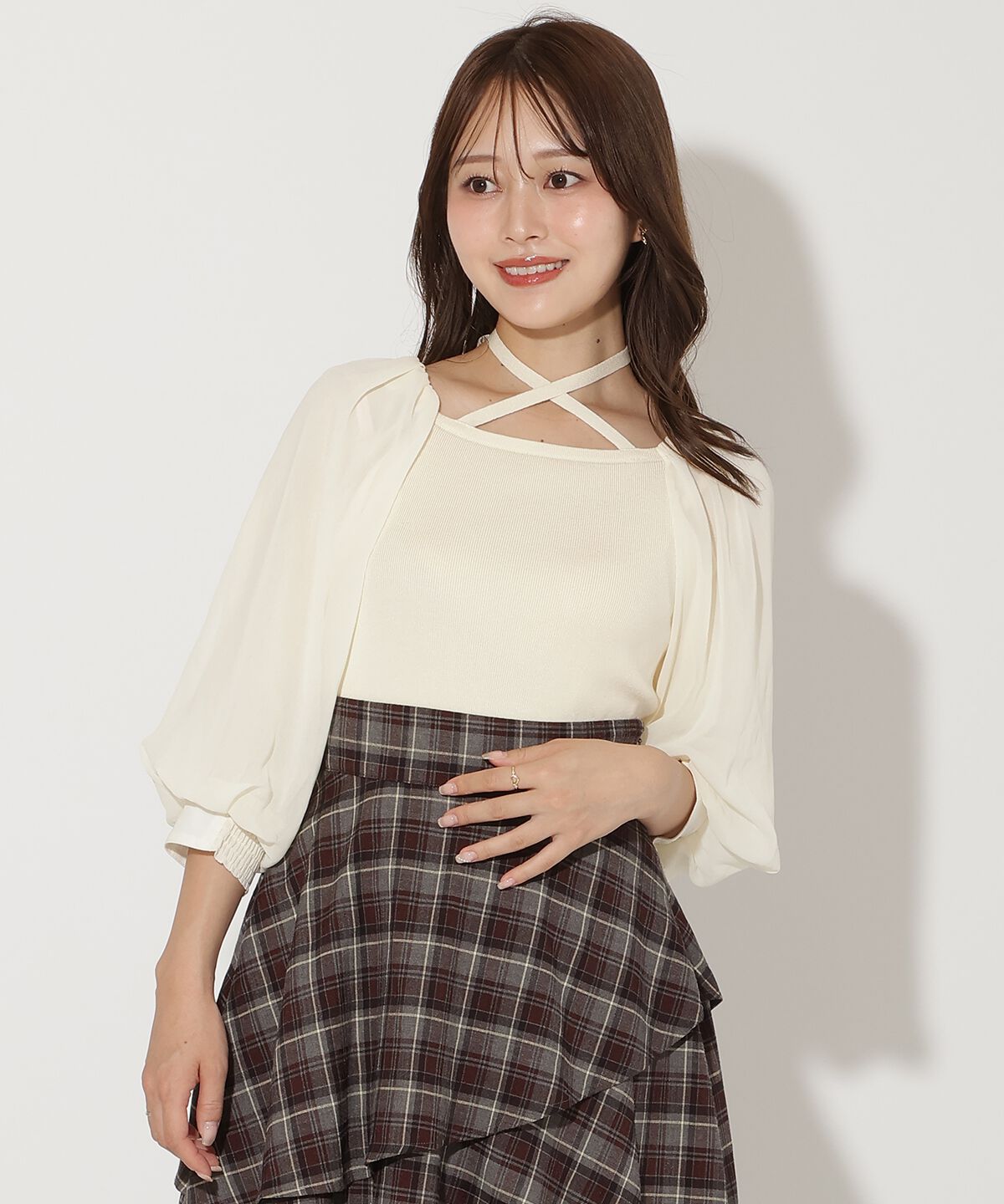 アンドクチュール「7分袖ホルターリボンニットプルオーバー」|ニット・セーター|ﾗｲﾄﾍﾞｰｼﾞｭ