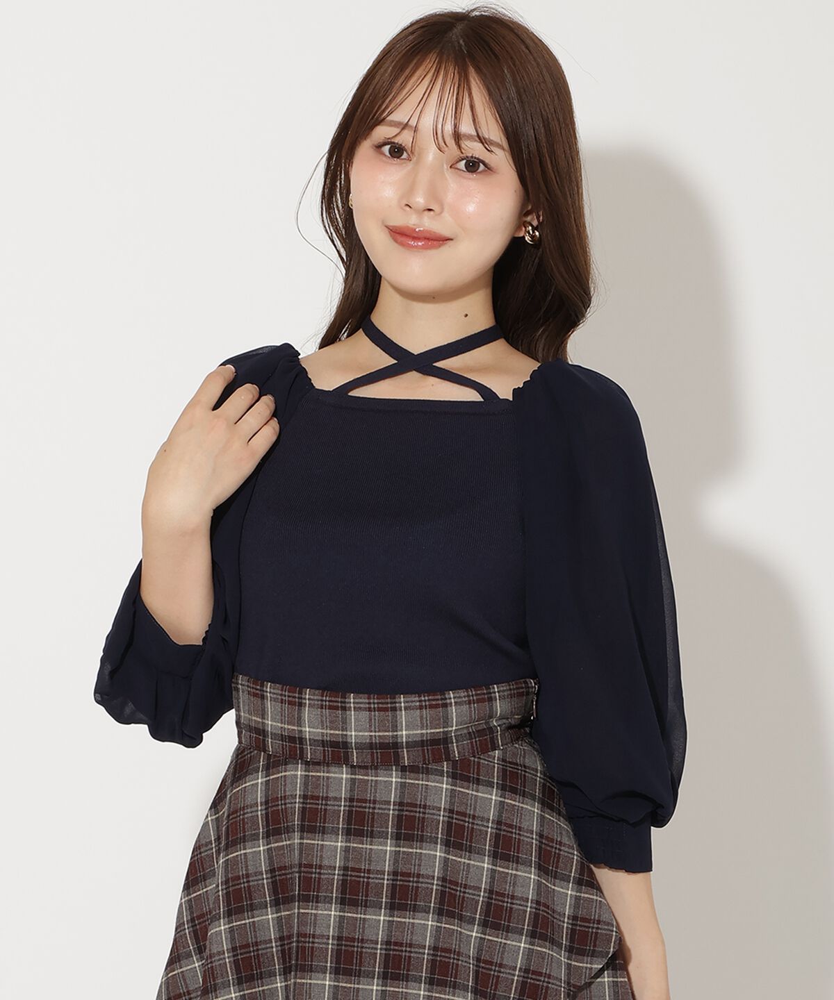 アンドクチュール「7分袖ホルターリボンニットプルオーバー」|ニット・セーター|