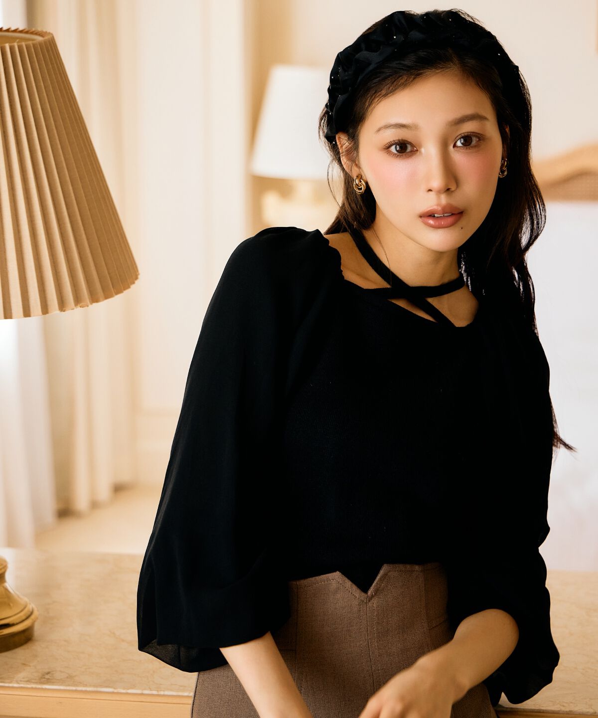 アンドクチュール「7分袖ホルターリボンニットプルオーバー」|ニット・セーター|