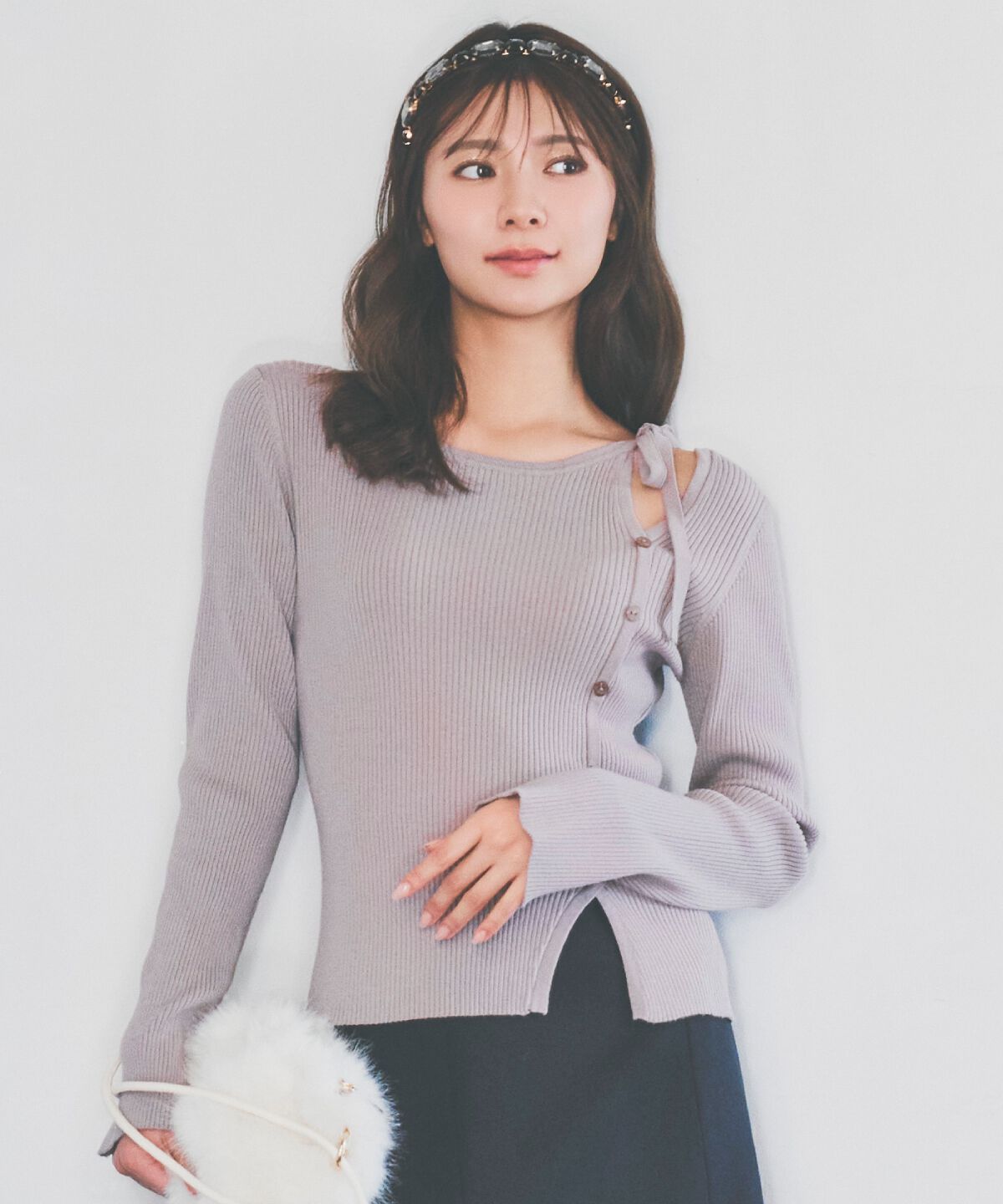 アンドクチュール「アシメリボンスリットプルオーバー」|ニット・セーター|