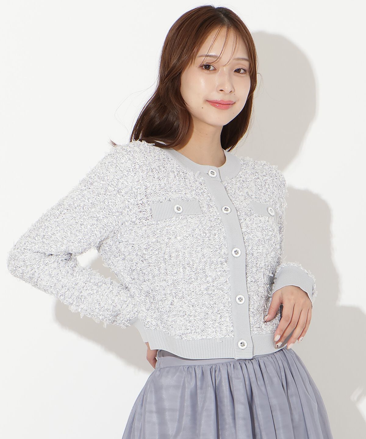 アンドクチュール「ラメ入りツイード調ニットカーディガン」|カーディガン|シルバー