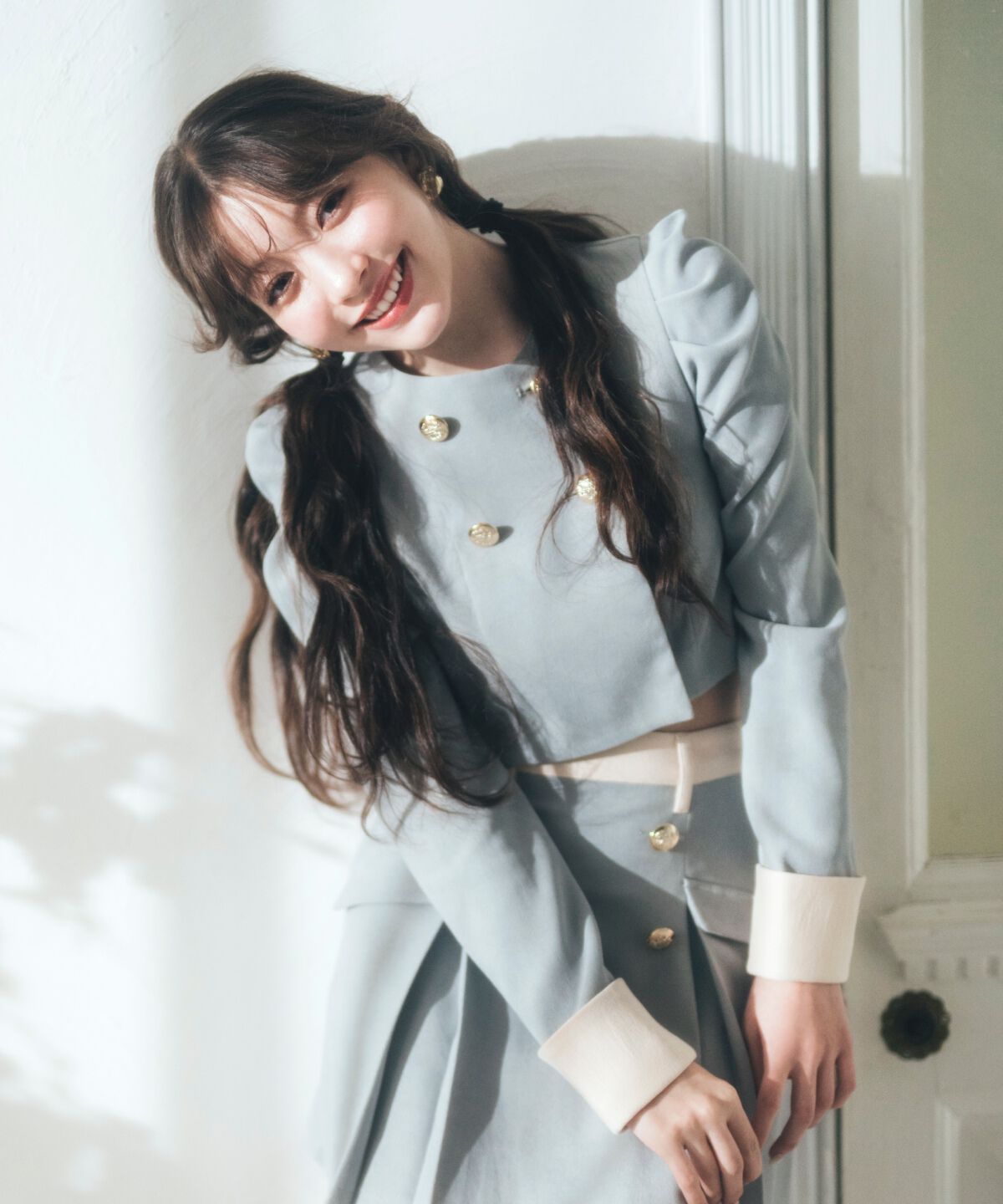 REDYAZEL「ダブルボタンバイカラージャケット」|ノーカラージャケット|グレー