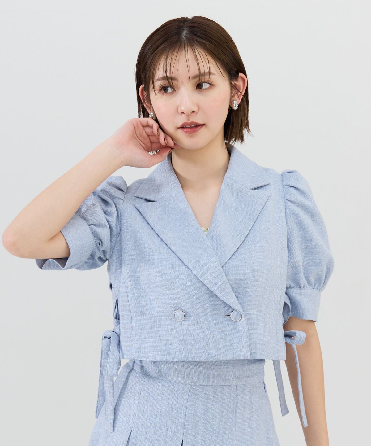 REDYAZEL「サイドレースアップ半袖ショートジャケット」|テーラードジャケット|サックス