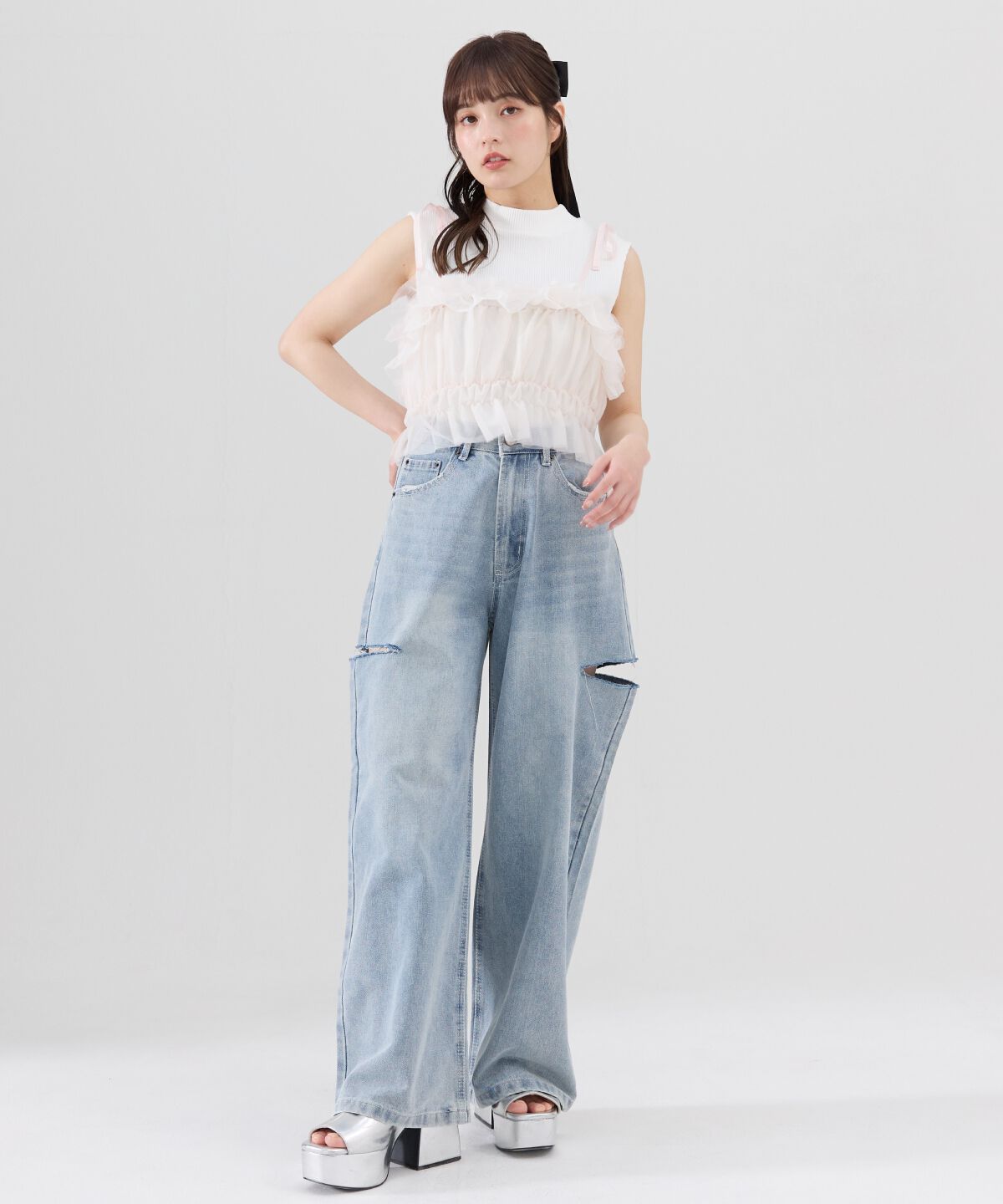 REDYAZEL「サイドダメージワイドパンツ」|デニム|ブルー