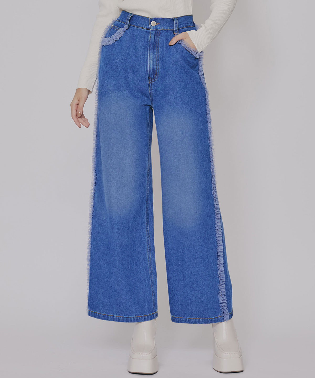 REDYAZEL「サイドチュールフリルストレートデニムパンツ」|デニム|ブルー