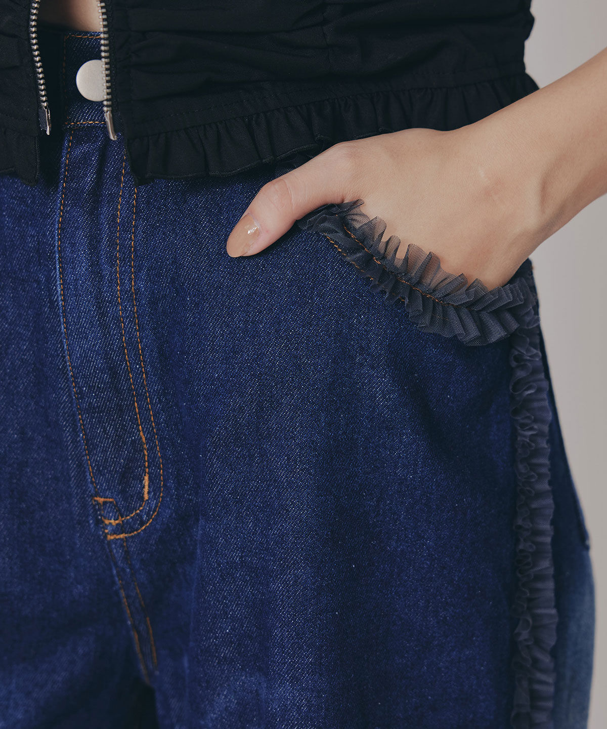 REDYAZEL「サイドチュールフリルストレートデニムパンツ」|デニム|