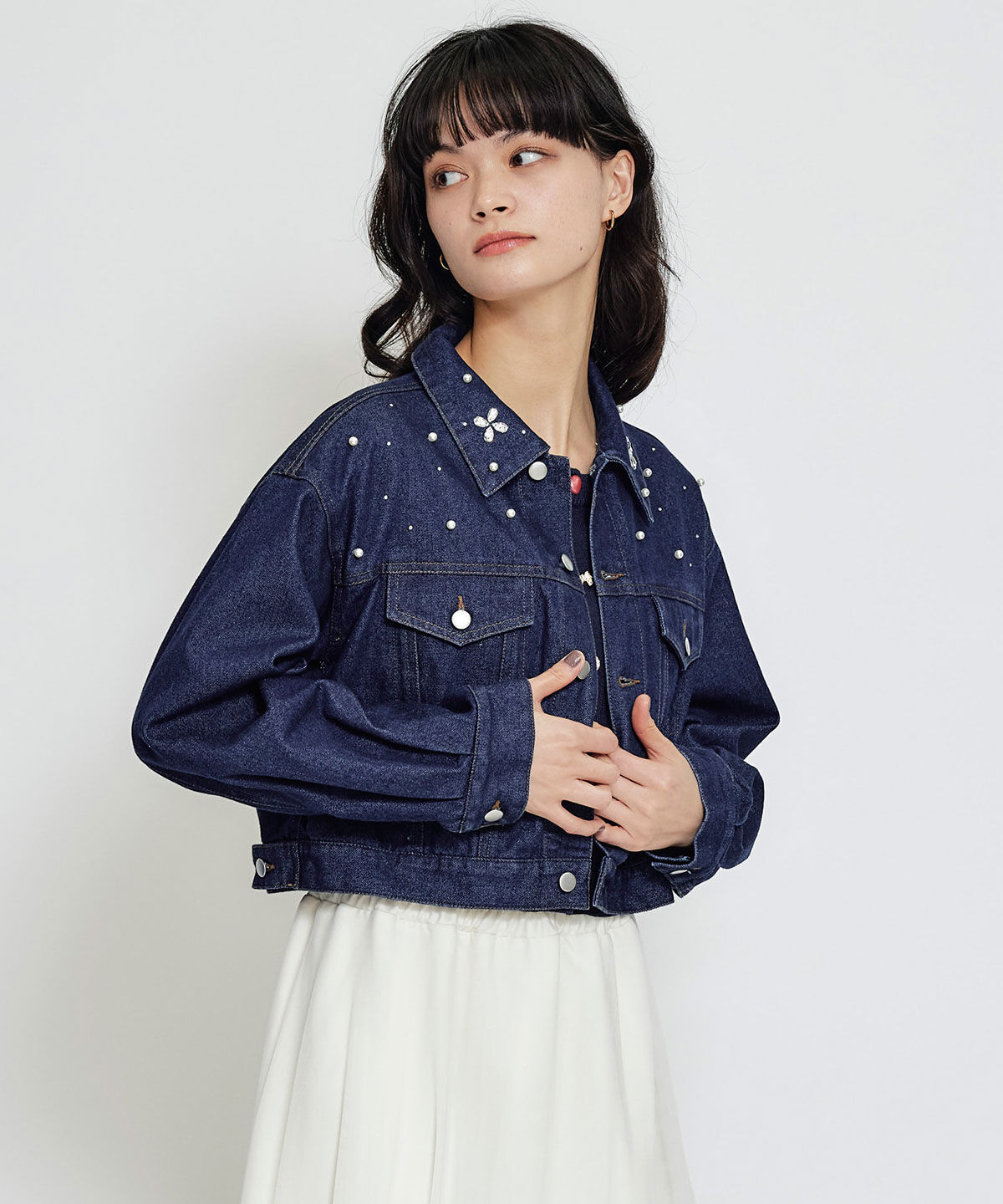 REDYAZEL「フラワービジューパールデニムジャケット」|デニムジャケット|
