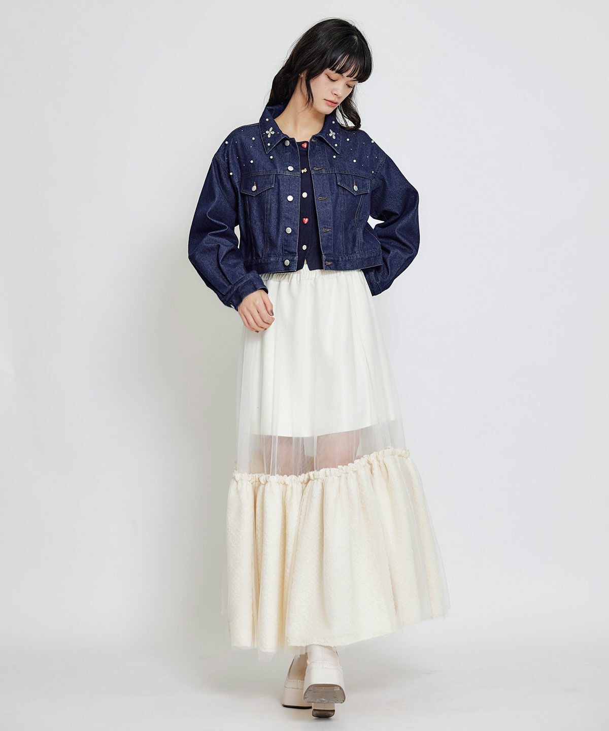 REDYAZEL「フラワービジューパールデニムジャケット」|デニムジャケット|