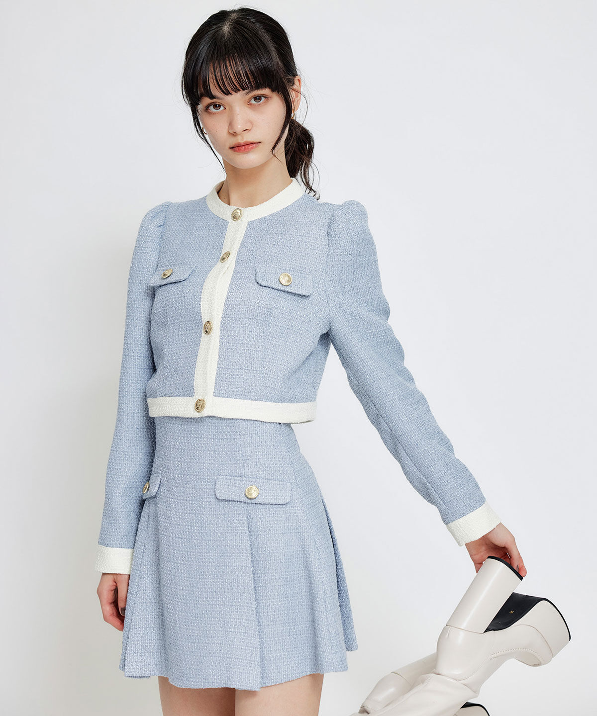 REDYAZEL「スプリングツイードノーカラージャケット」|ノーカラージャケット|ブルー