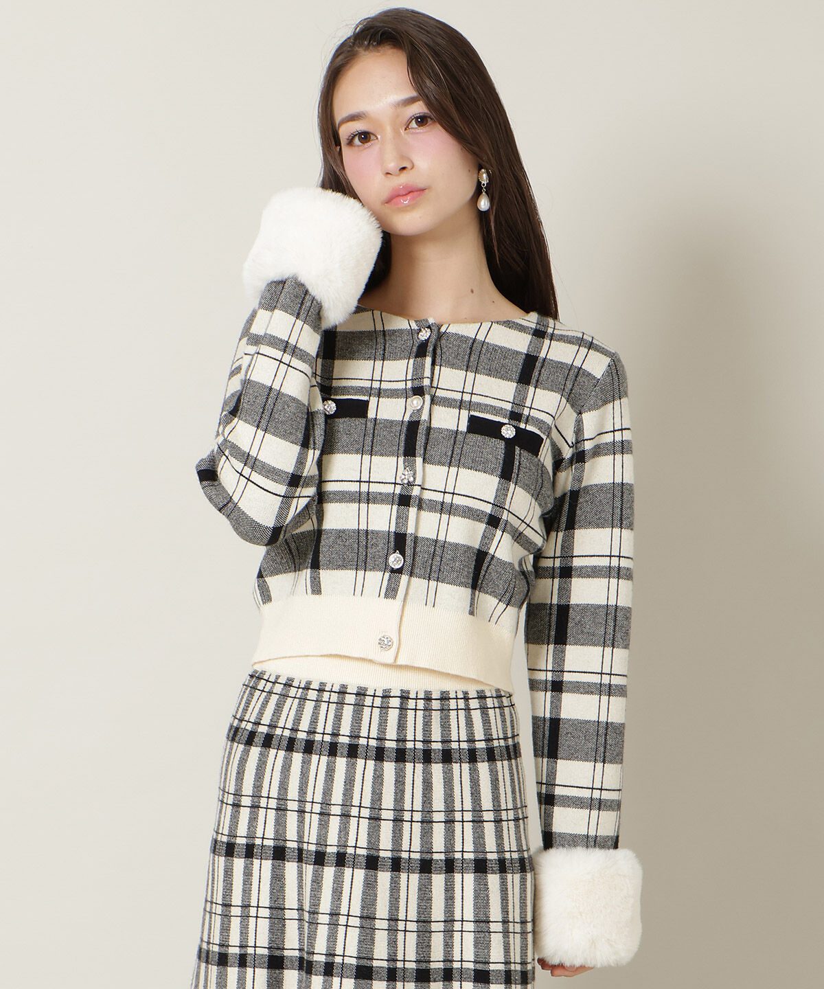 WILLSELECTION「チェック柄ファーカフスカーディガン」|カーディガン|