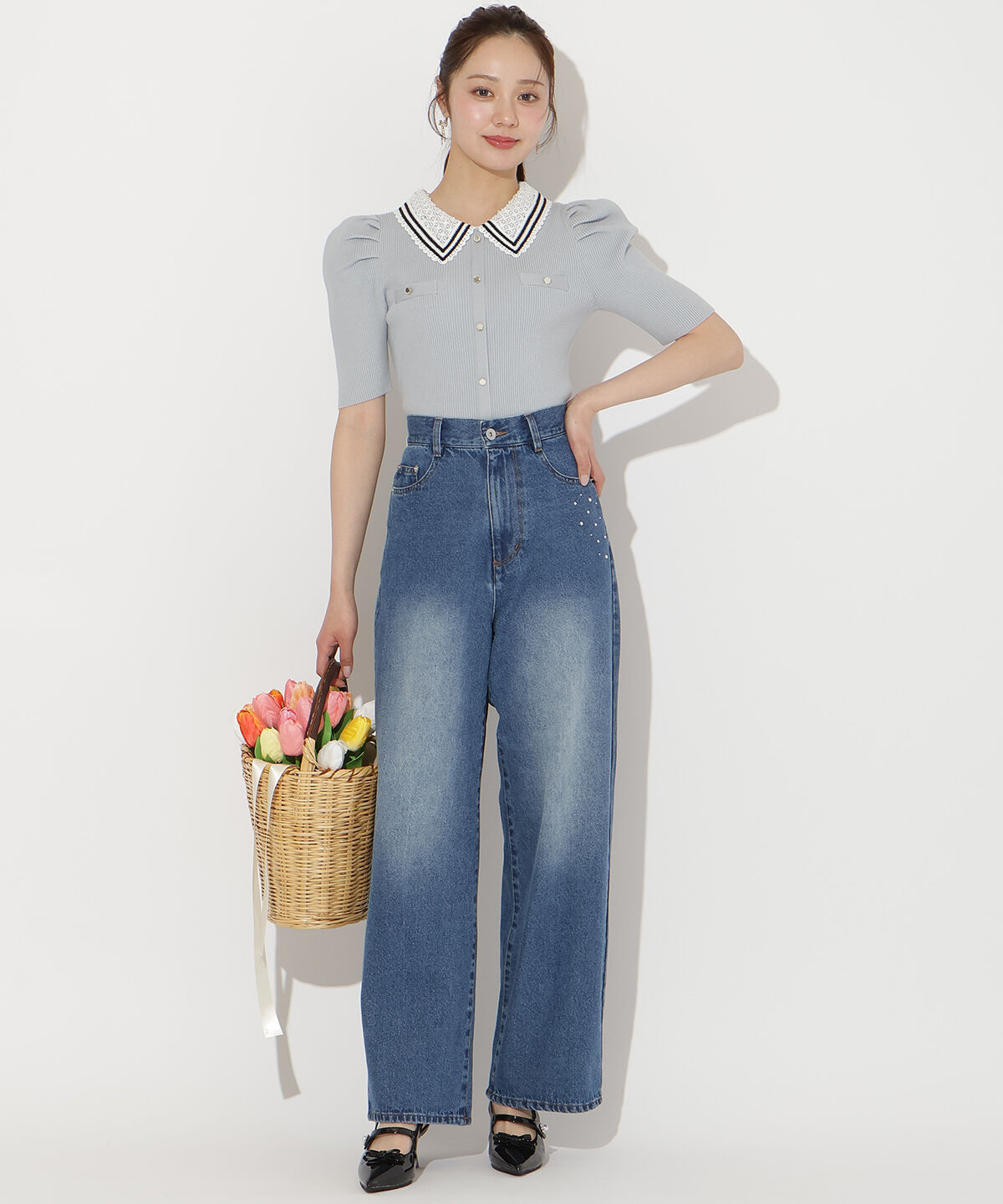 WILLSELECTION「ビジューポケットワイドデニムパンツ」|デニム|ダークブルー