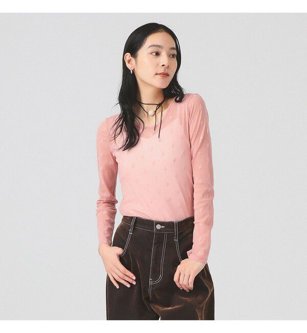 Ray BEAMS 「フロッキー プリント シアー ラウンドネック トップス」|Tシャツ・カットソー|PINK