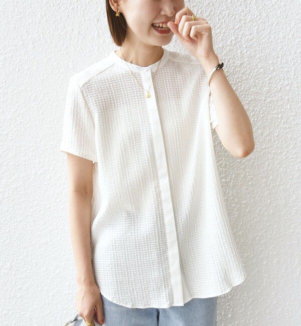 SHIPS for women「〈手洗い可能〉ジャカード バンドカラー ショート スリーブ ブラウス」|シャツ・ブラウス|