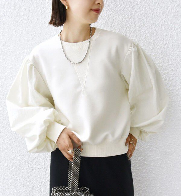 SHIPS for women「【WEB限定】〈手洗い可能〉エア ダンボール 布帛 コンビ プルオーバー」|スウェット・ジャージ|オフホワイト