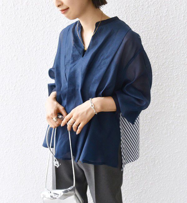 SHIPS for women「【WEB限定】〈手洗い可能〉異素材 ウエスト タック ブラウス」|シャツ・ブラウス|