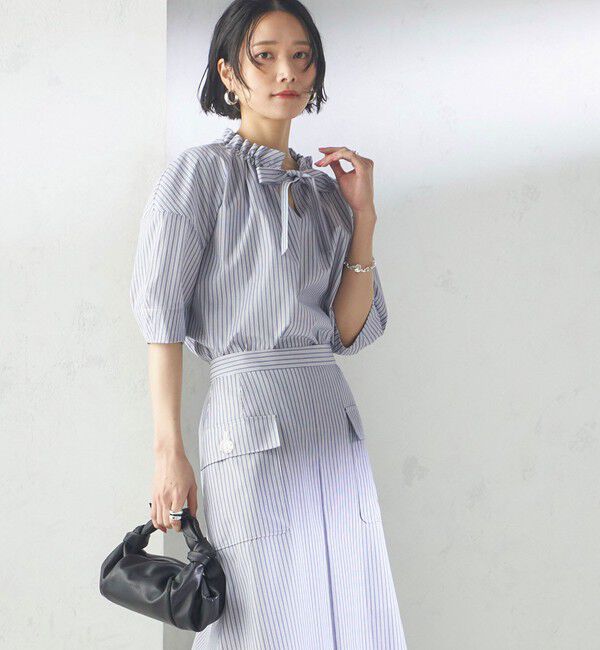 SHIPS for women「〈手洗い可能〉ストライプ フリル ネック リボン 半袖 ブラウス」|シャツ・ブラウス|ブルー系