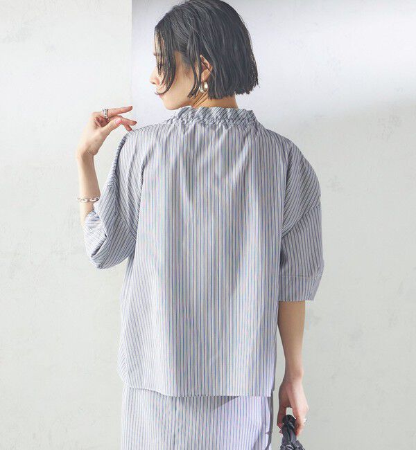 SHIPS for women「〈手洗い可能〉ストライプ フリル ネック リボン 半袖 ブラウス」|シャツ・ブラウス|