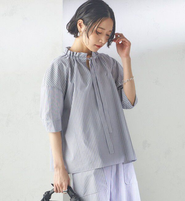 SHIPS for women「〈手洗い可能〉ストライプ フリル ネック リボン 半袖 ブラウス」|シャツ・ブラウス|