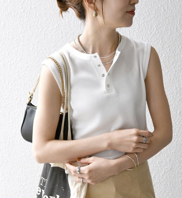 SHIPS any「《一部追加予約》SHIPS any:〈洗濯機可能〉ワッフル ヘンリーネック 2WAY ノースリーブ TEE」|タンクトップ|ホワイト