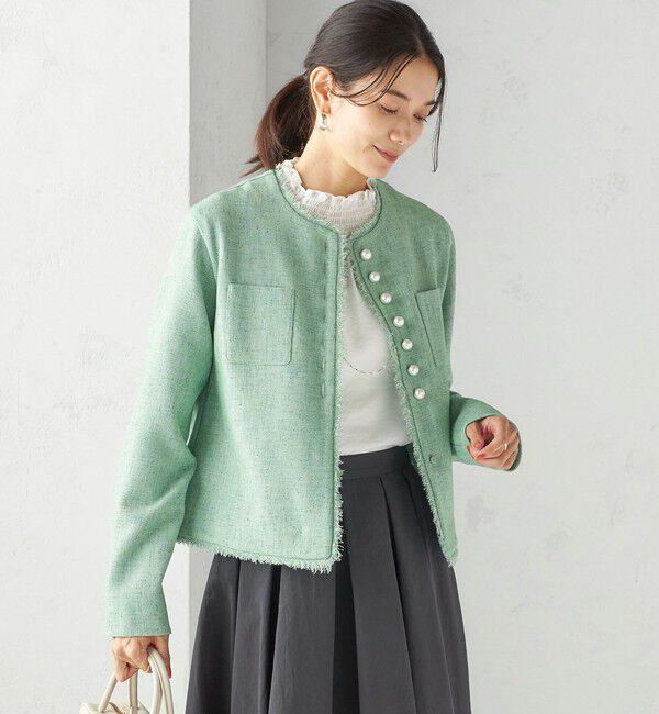 SHIPS for women「〈手洗い可能〉ストレッチ ツイード パール ボタン ジャケット」|ノーカラージャケット|