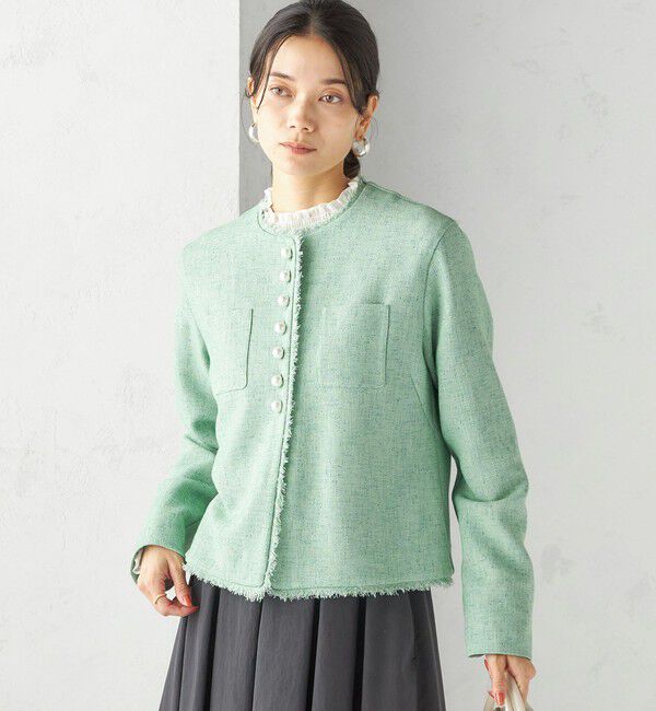 SHIPS for women「〈手洗い可能〉ストレッチ ツイード パール ボタン ジャケット」|ノーカラージャケット|