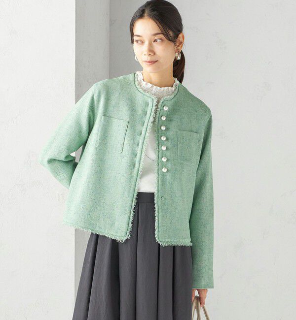 SHIPS for women「〈手洗い可能〉ストレッチ ツイード パール ボタン ジャケット」|ノーカラージャケット|