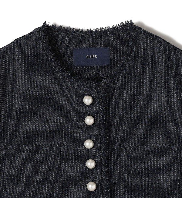 SHIPS for women「〈手洗い可能〉ストレッチ ツイード パール ボタン ジャケット」|ノーカラージャケット|