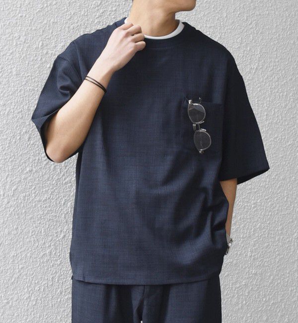 SHIPS any「SHIPS any:〈UVカット〉FUTURE LINEN CANVAS リネンライク デザイン リブ ポケット Tシャツ◇」|Tシャツ・カットソー|ネイビー