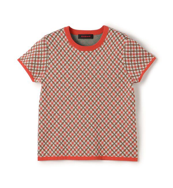 CABaN「コットンポリエステル チェックジャカード ショートスリーブプルオーバー」|ニット・セーター|34 レッド系